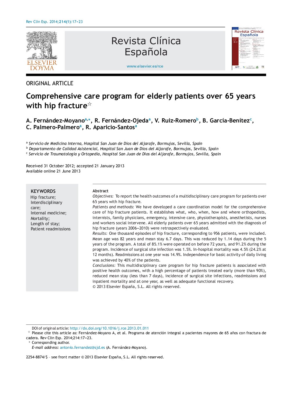 Comprehensive care program for elderly patients over 65 years with hip fracture 