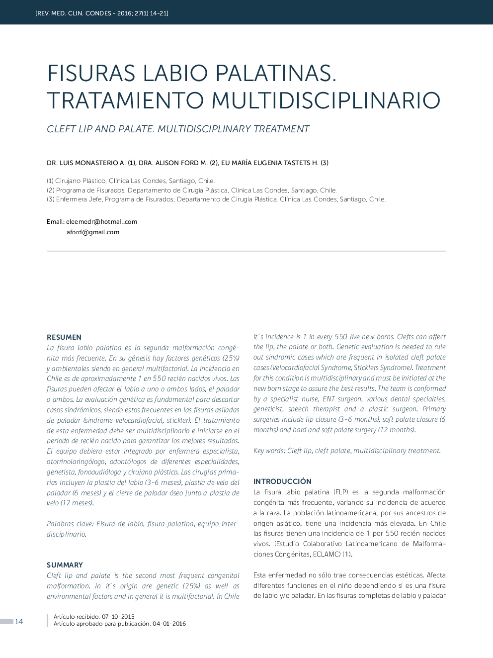 FISURAS LABIO PALATINAS. TRATAMIENTO MULTIDISCIPLINARIO