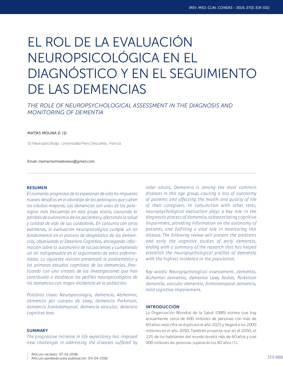 عکس صفحه اول مقاله: EL ROL DE LA EVALUACIÓN NEUROPSICOLÓGICA EN EL DIAGNÓSTICO Y EN EL SEGUIMIENTO DE LAS DEMENCIAS EL ROL DE LA EVALUACIÓN NEUROPSICOLÓGICA EN EL DIAGNÓSTICO Y EN EL SEGUIMIENTO DE LAS DEMENCIAS
