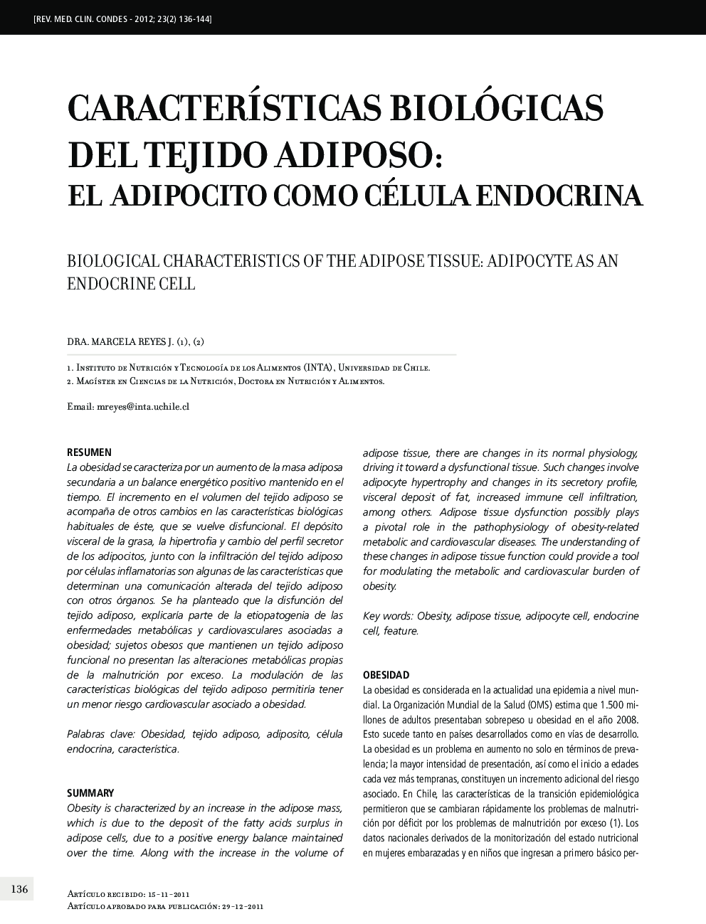 Características biológicas del tejido adiposo: el adipocito como célula endocrina