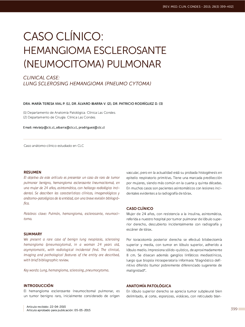 CASO CLÍNICO: HEMANGIOMA ESCLEROSANTE (NEUMOCITOMA) PULMONAR