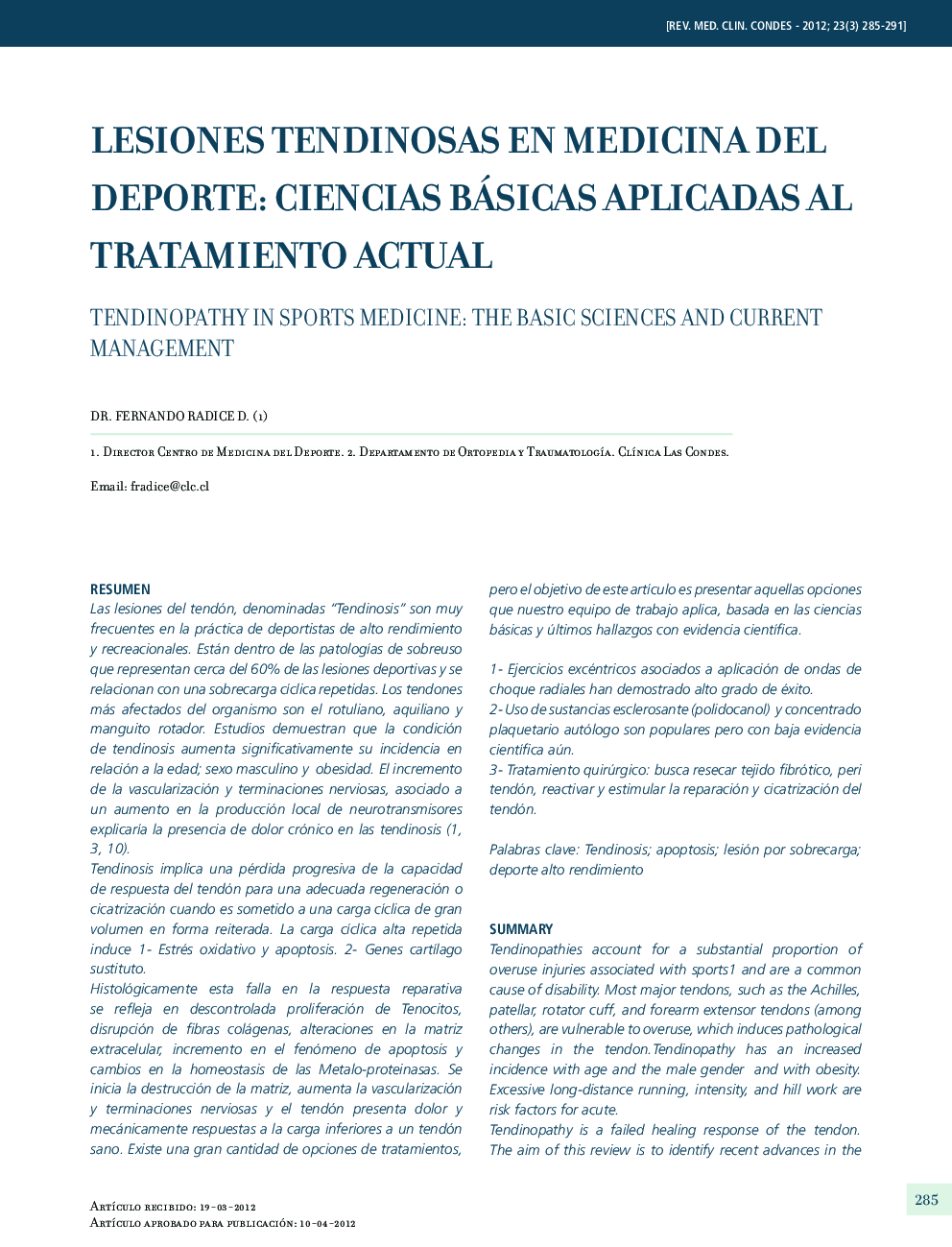 Lesiones tendinosas en medicina del deporte: Ciencias básicas aplicadas al tratamiento actual