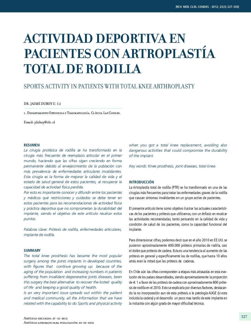 Actividad deportiva en pacientes con artroplastía total de rodilla