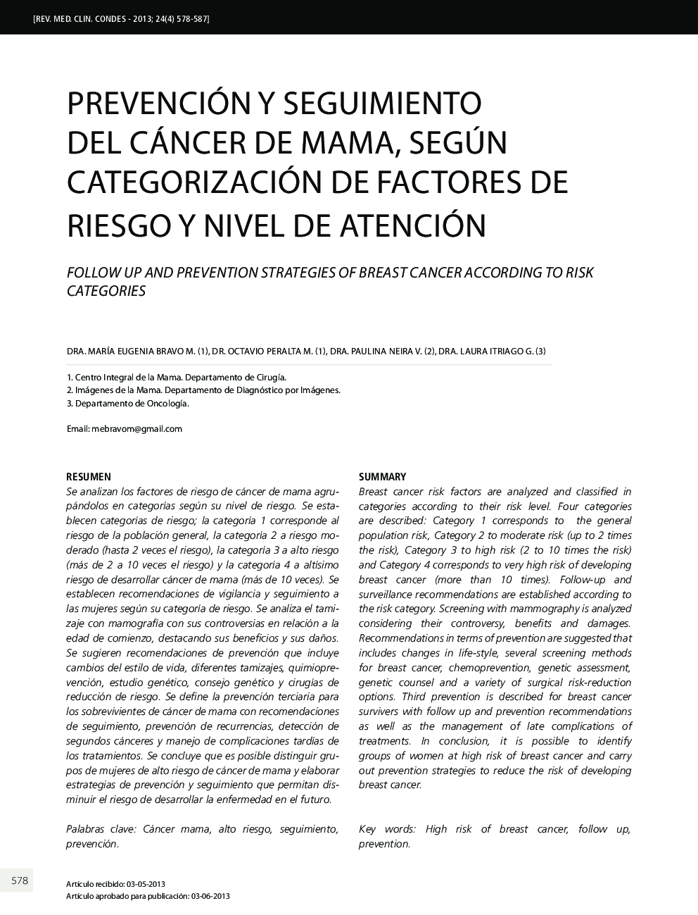 Prevención y seguimiento del cáncer de mama, según categorización de factores de riesgo y nivel de atención