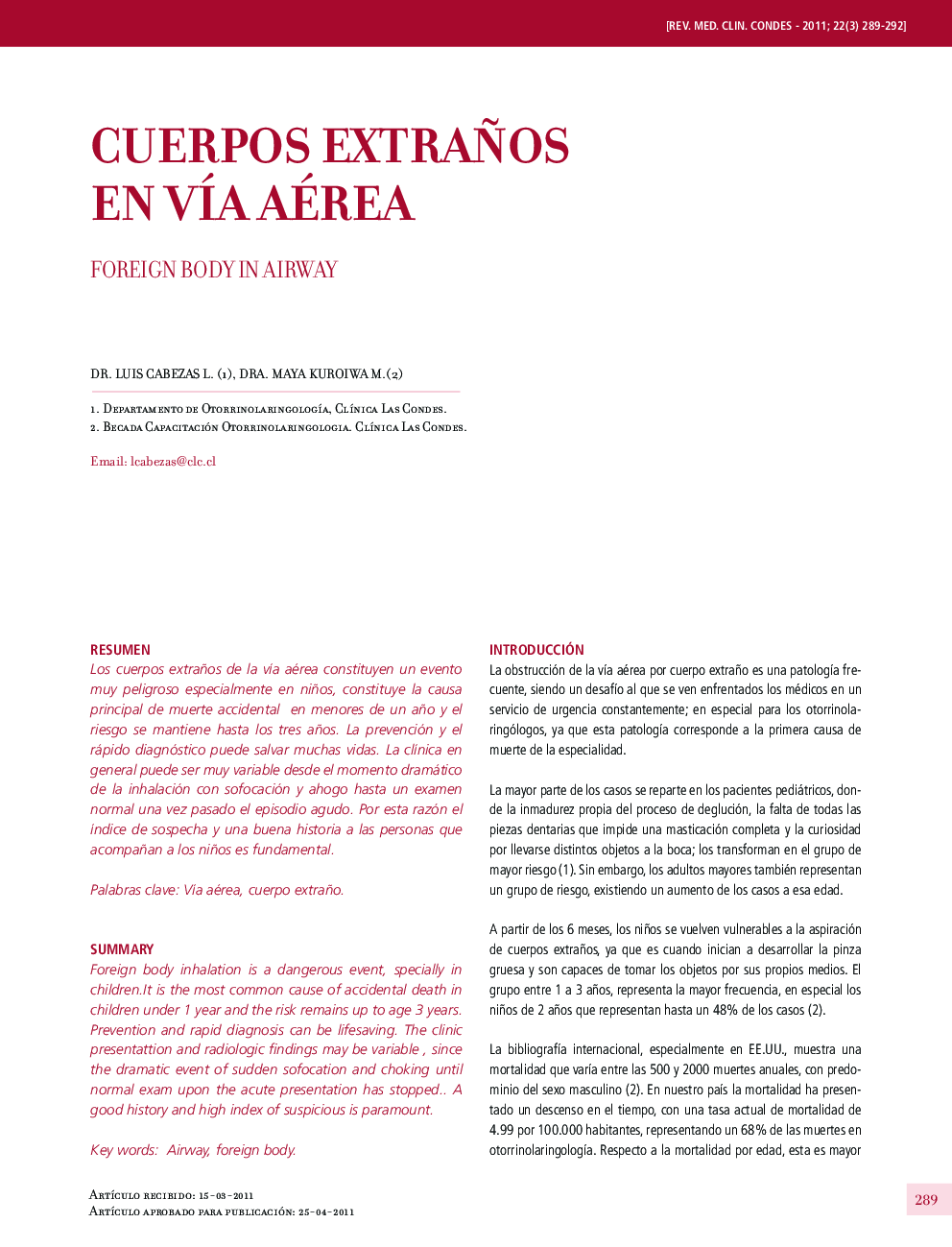 عکس صفحه اول مقاله: Cuerpos extraños en vía aérea Cuerpos extraños en vía aérea