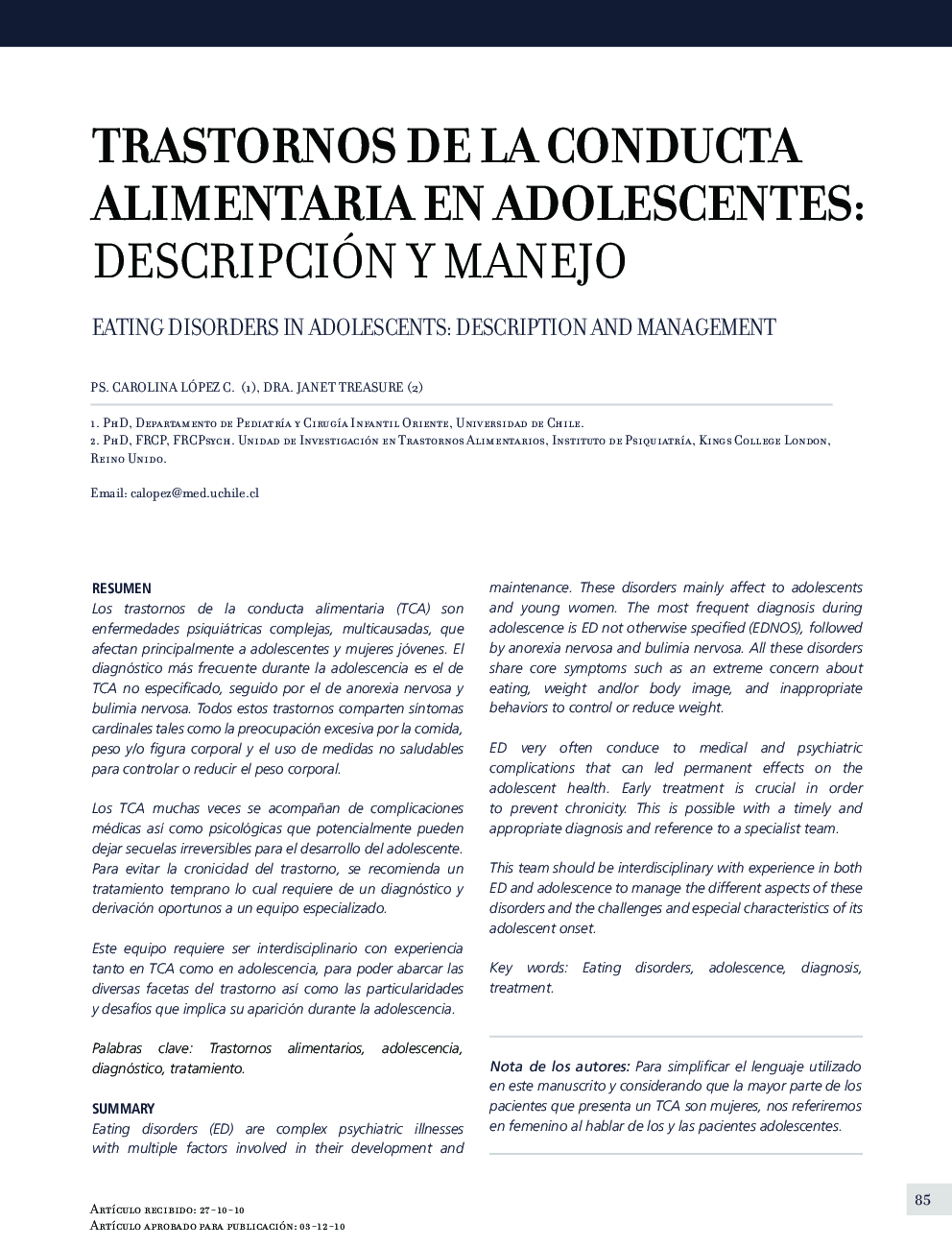 Trastornos de la conducta alimentaria en adolescentes: descripción y manejo