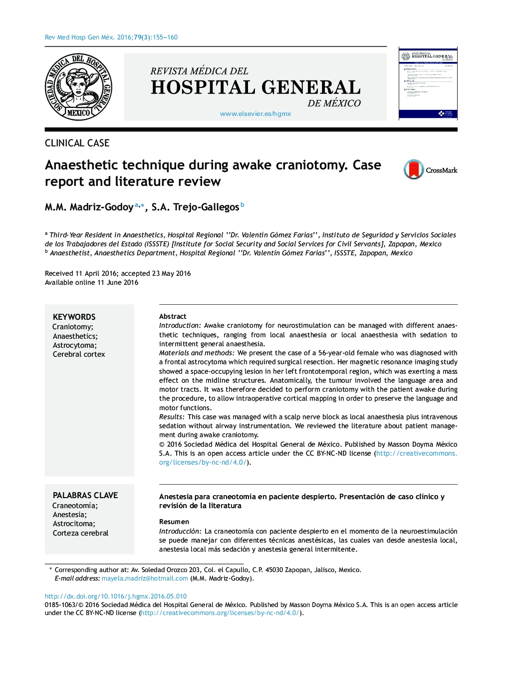 Anaesthetic technique during awake craniotomy. Case report and literature review