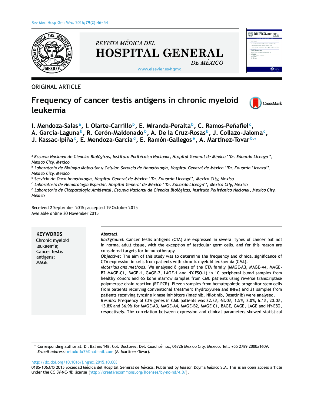 Frequency of cancer testis antigens in chronic myeloid leukemia