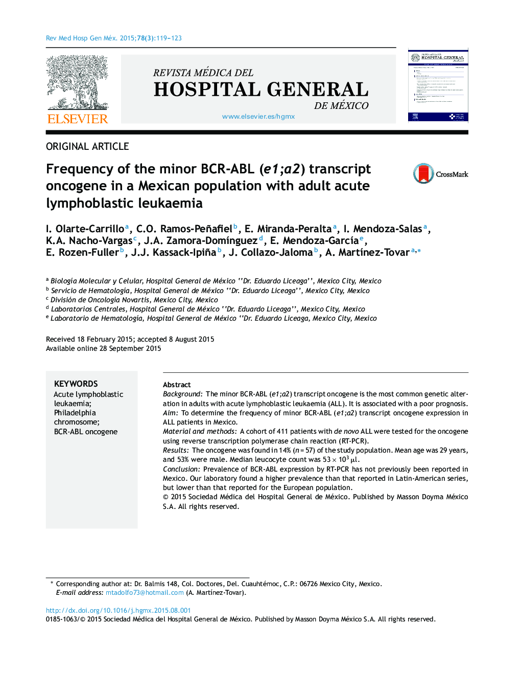 Frequency of the minor BCR-ABL (e1;a2) transcript oncogene in a Mexican population with adult acute lymphoblastic leukaemia