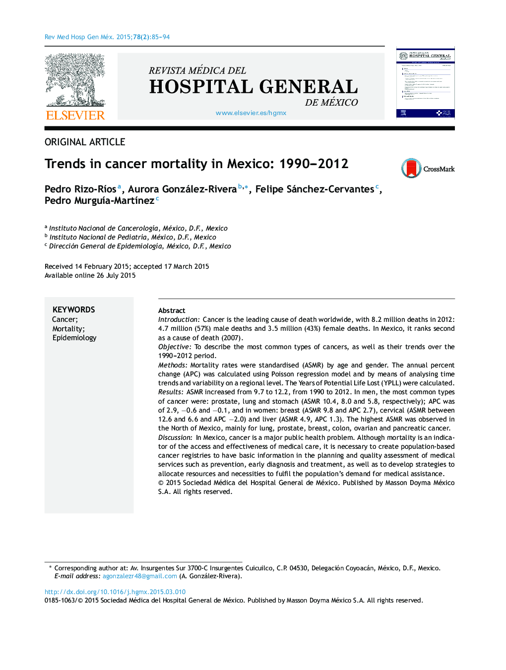 Trends in cancer mortality in Mexico: 1990–2012