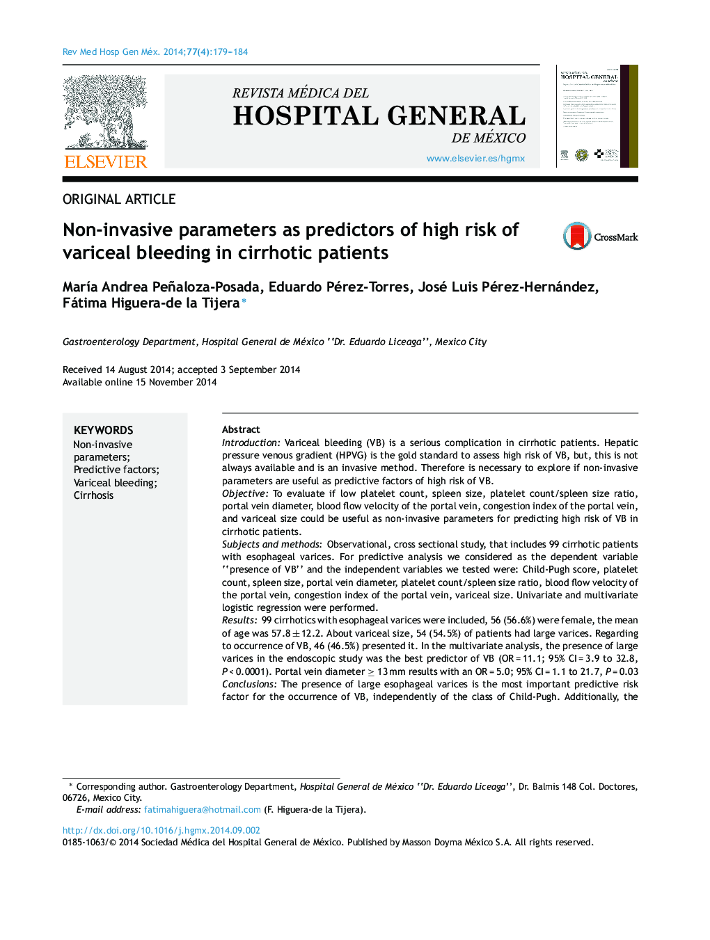 Non-invasive parameters as predictors of high risk of variceal bleeding in cirrhotic patients