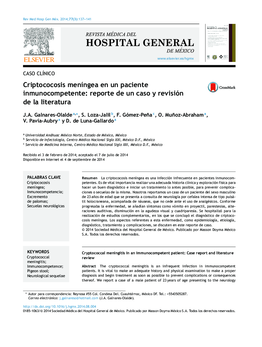 Criptococosis meníngea en un paciente inmunocompetente: reporte de un caso y revisión de la literatura
