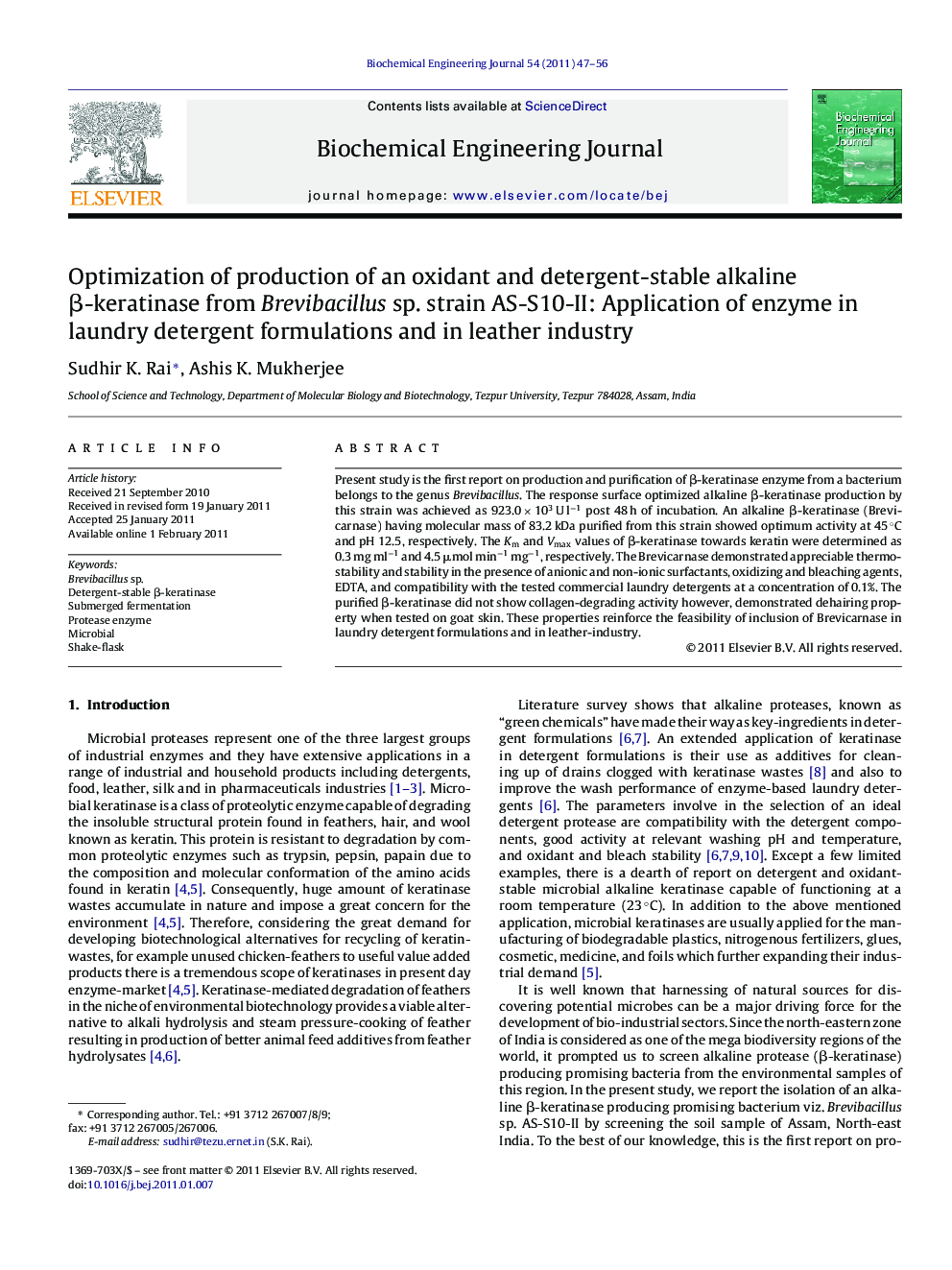 Optimization of production of an oxidant and detergent-stable alkaline β-keratinase from Brevibacillus sp. strain AS-S10-II: Application of enzyme in laundry detergent formulations and in leather industry