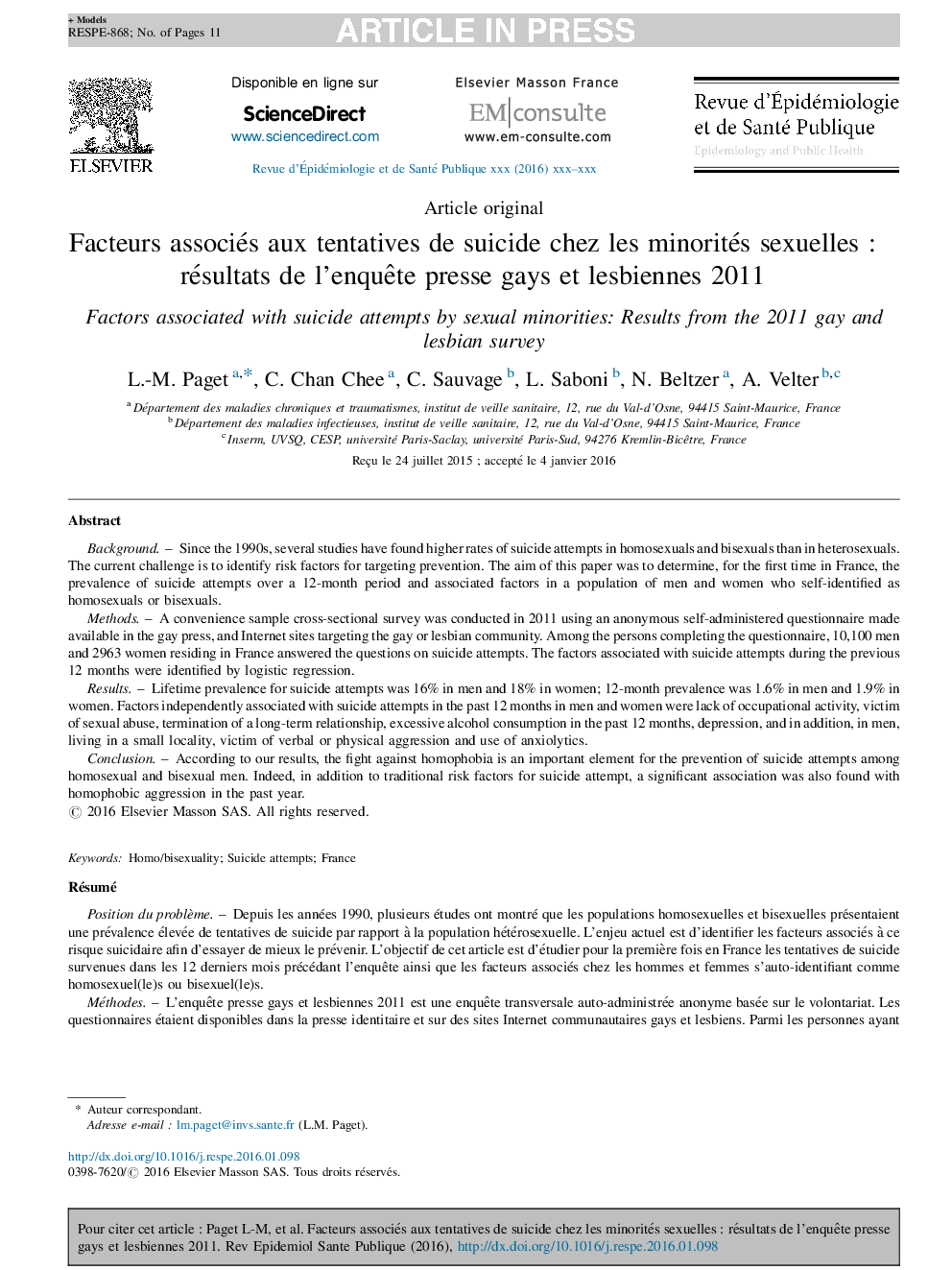 Facteurs associés aux tentatives de suicide chez les minorités sexuellesÂ : résultats de l'enquÃªte presse gays et lesbiennes 2011
