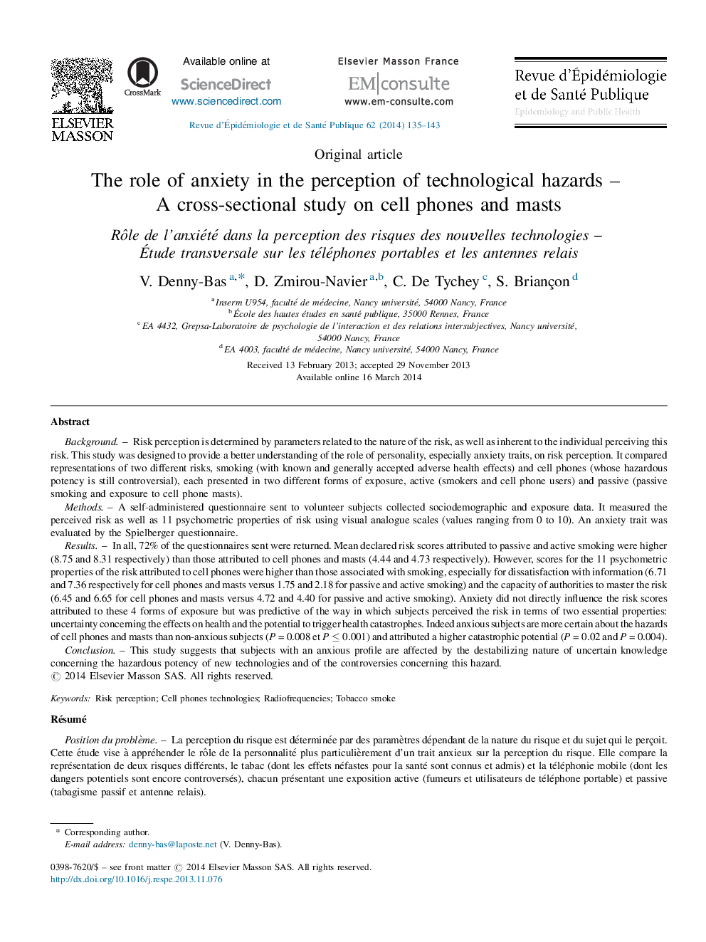 The role of anxiety in the perception of technological hazardsÂ -Â A cross-sectional study on cell phones and masts