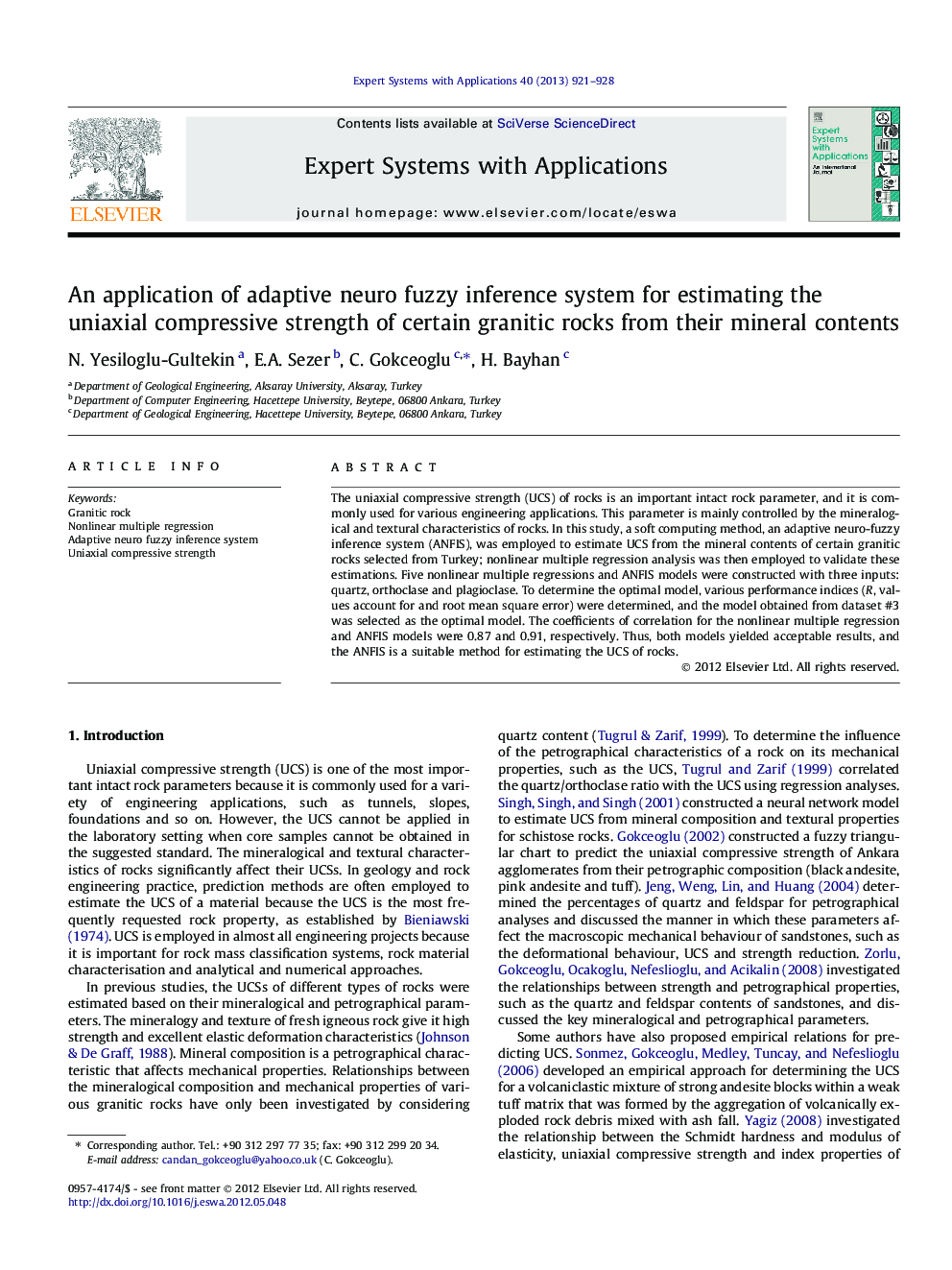 An application of adaptive neuro fuzzy inference system for estimating the uniaxial compressive strength of certain granitic rocks from their mineral contents