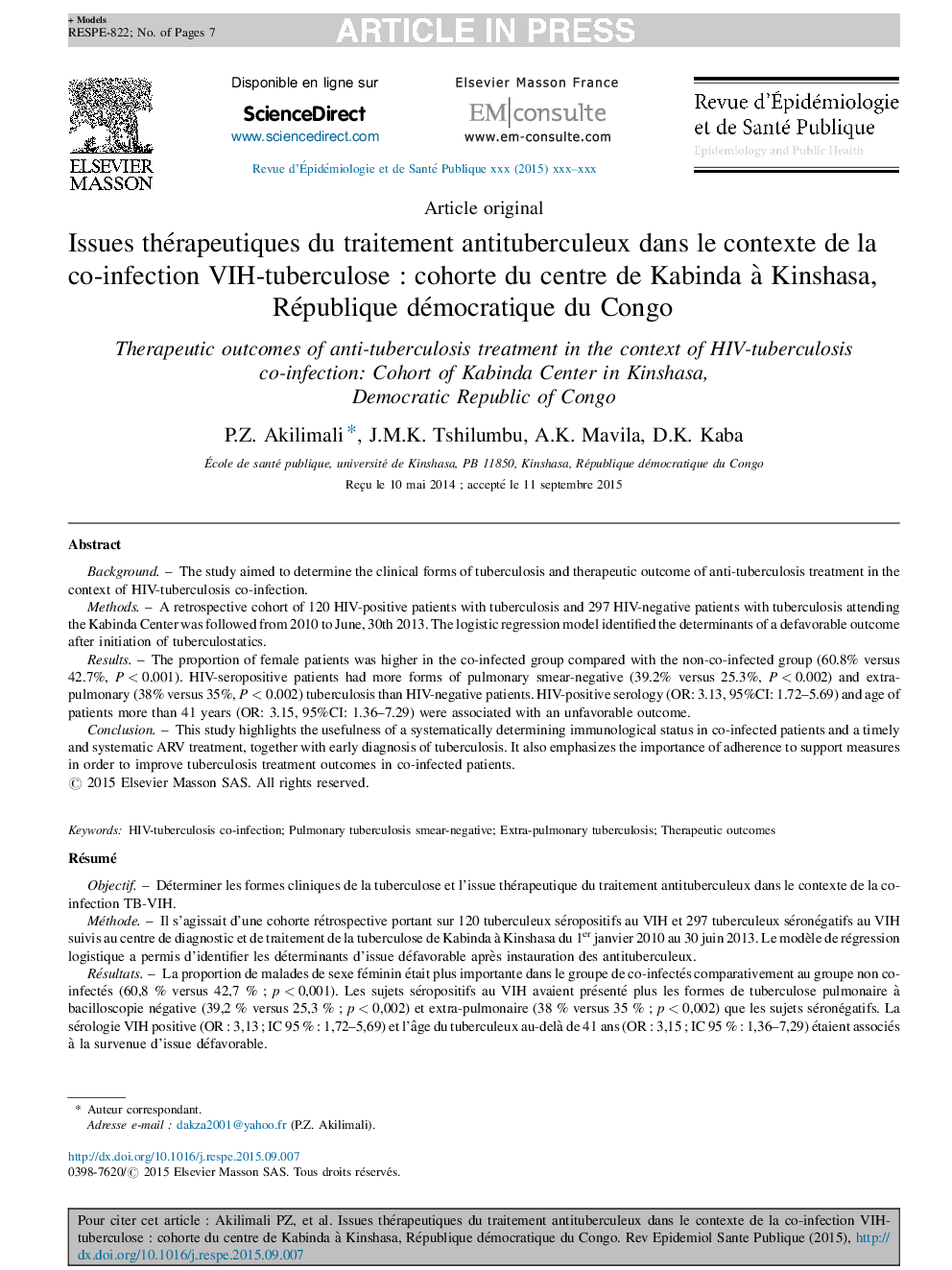 Issues thérapeutiques du traitement antituberculeux dans le contexte de la co-infection VIH-tuberculoseÂ : cohorte du centre de Kabinda Ã  Kinshasa, République démocratique du Congo