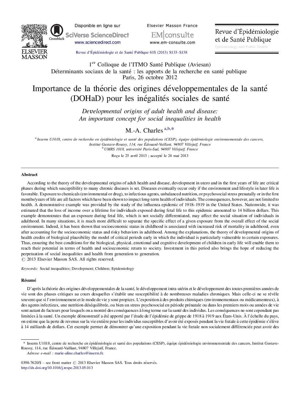 Importance de la théorie des origines développementales de la santé (DOHaD) pour les inégalités sociales de santé