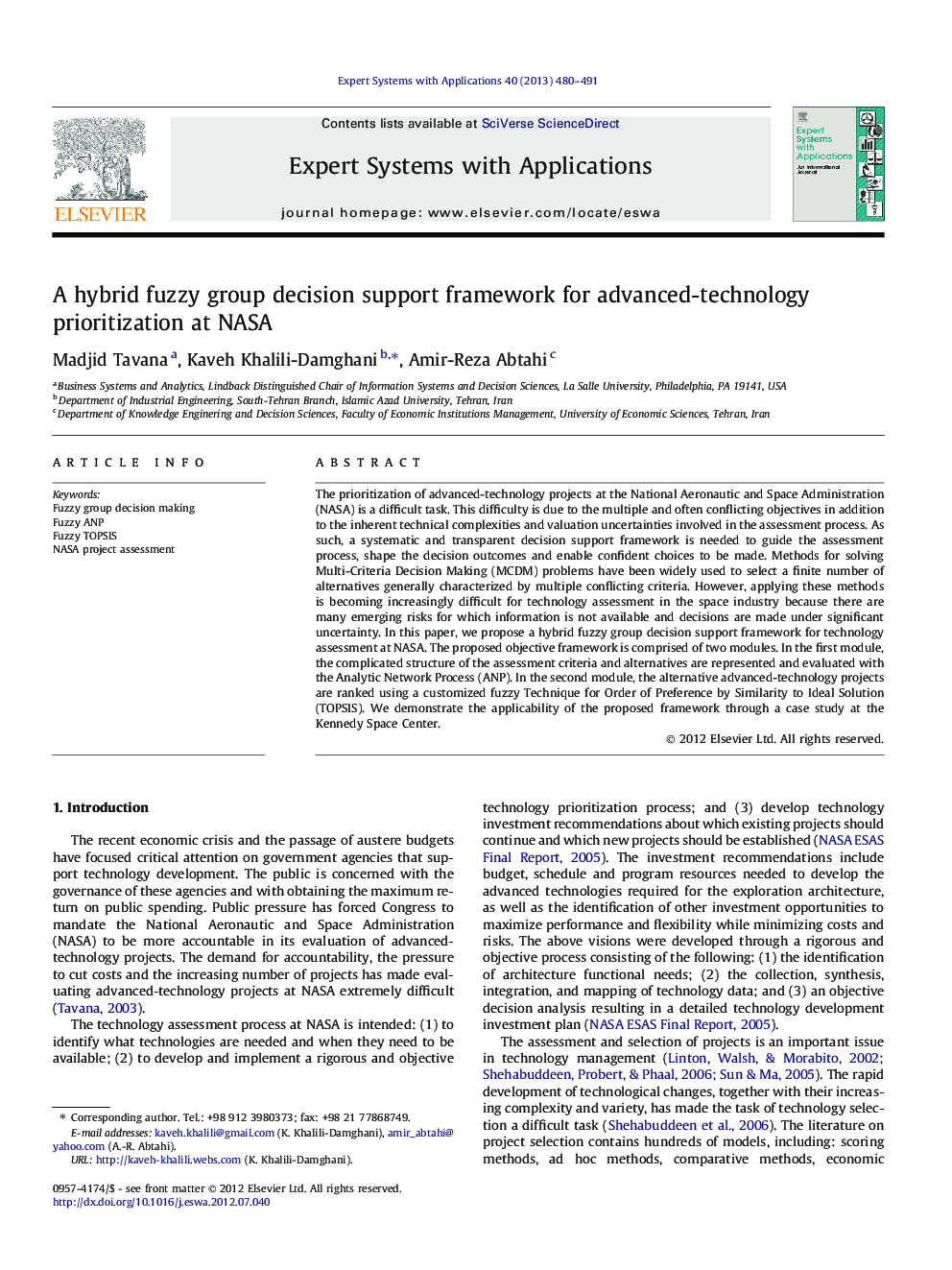 A hybrid fuzzy group decision support framework for advanced-technology prioritization at NASA