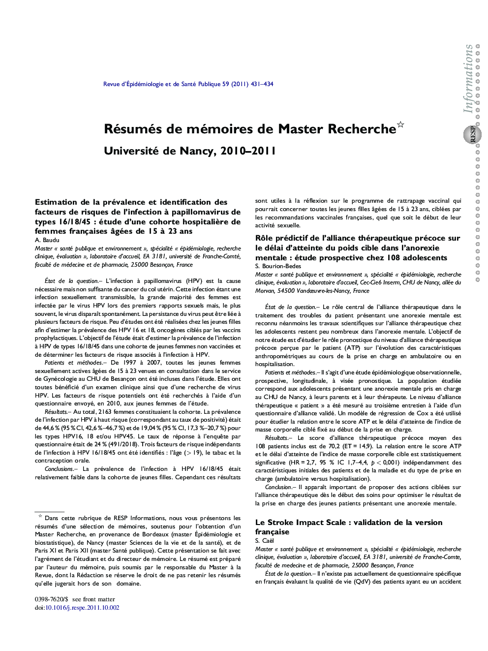 Résumés de mémoires de Master Recherche
