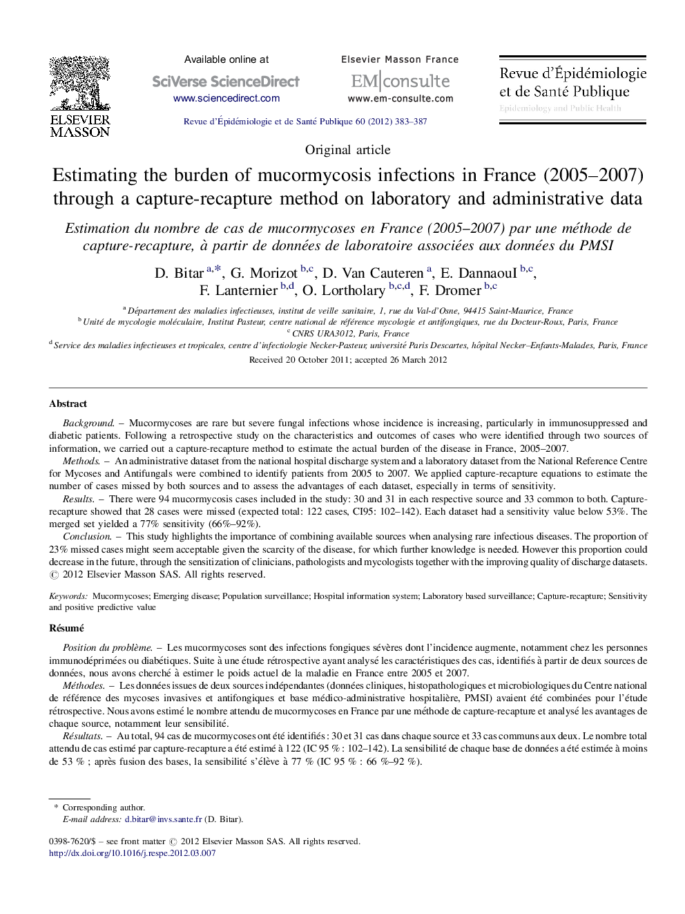 Estimating the burden of mucormycosis infections in France (2005-2007) through a capture-recapture method on laboratory and administrative data