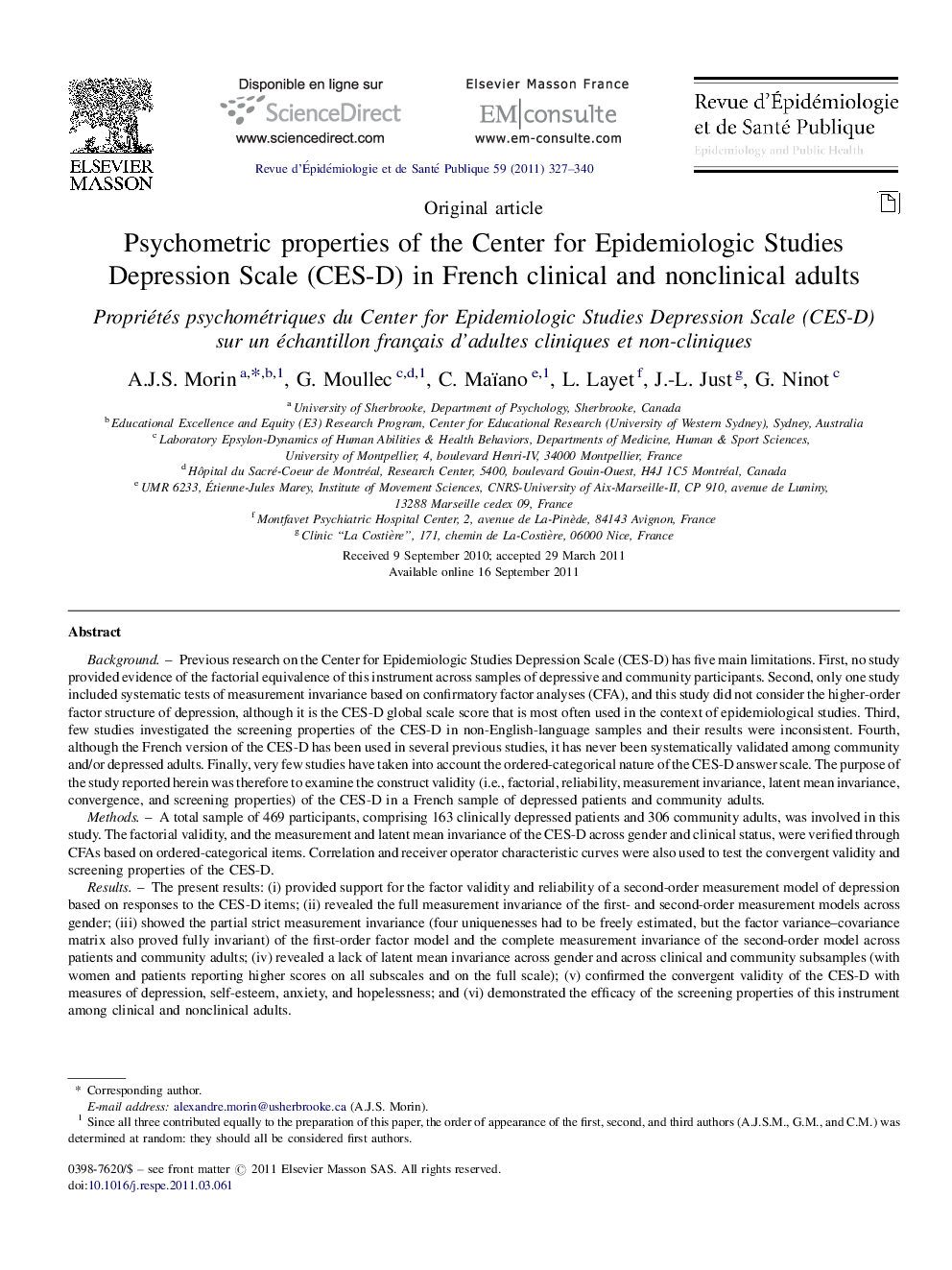 Psychometric properties of the Center for Epidemiologic Studies Depression Scale (CES-D) in French clinical and nonclinical adults