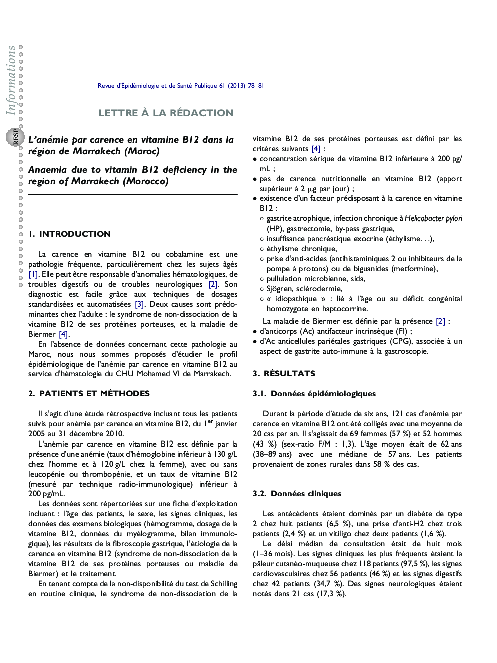 L'anémie par carence en vitamine B12Â dans la région de Marrakech (Maroc)