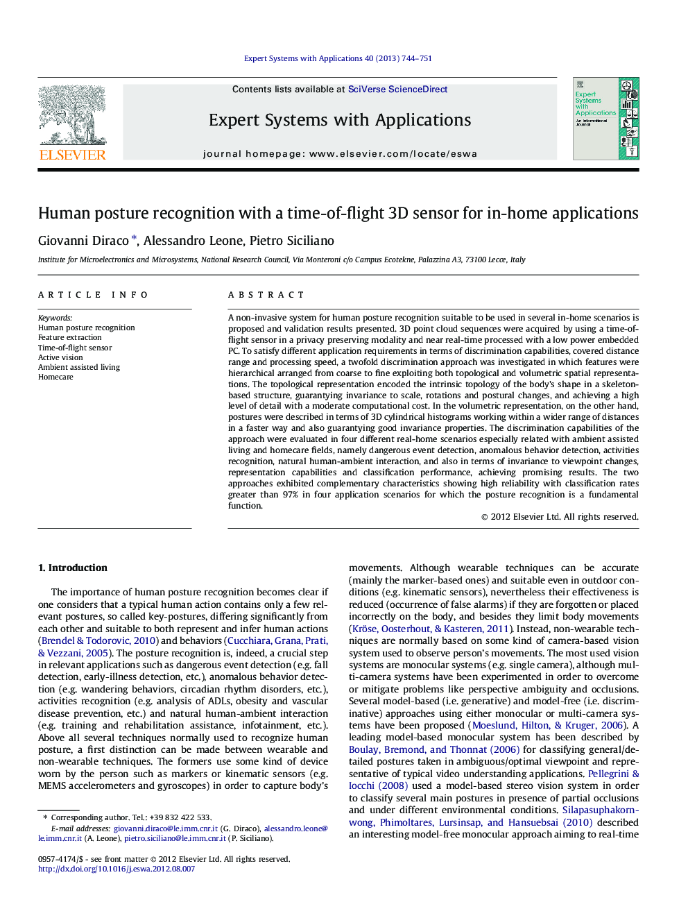 Human posture recognition with a time-of-flight 3D sensor for in-home applications