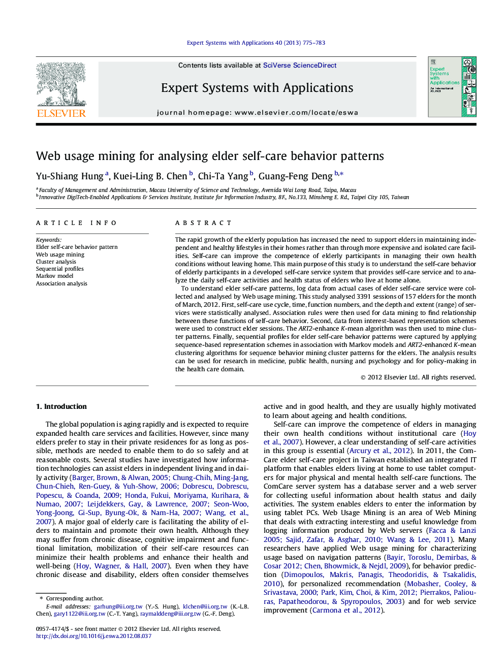 Web usage mining for analysing elder self-care behavior patterns