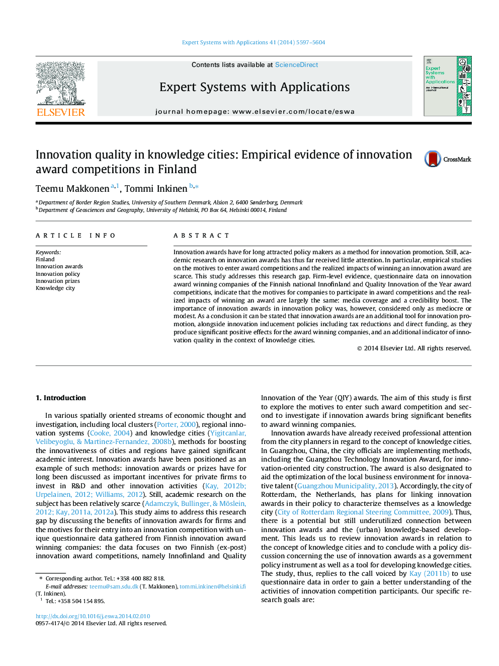 Innovation quality in knowledge cities: Empirical evidence of innovation award competitions in Finland
