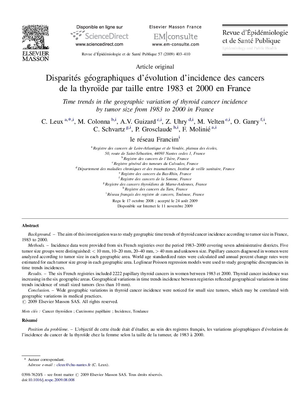 Disparités géographiques d'évolution d'incidence des cancers de la thyroïde par taille entre 1983Â et 2000Â en France