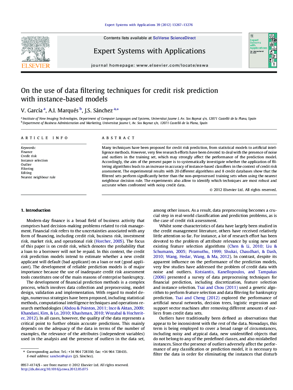 On the use of data filtering techniques for credit risk prediction with instance-based models