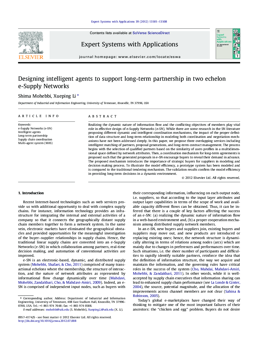 Designing intelligent agents to support long-term partnership in two echelon e-Supply Networks