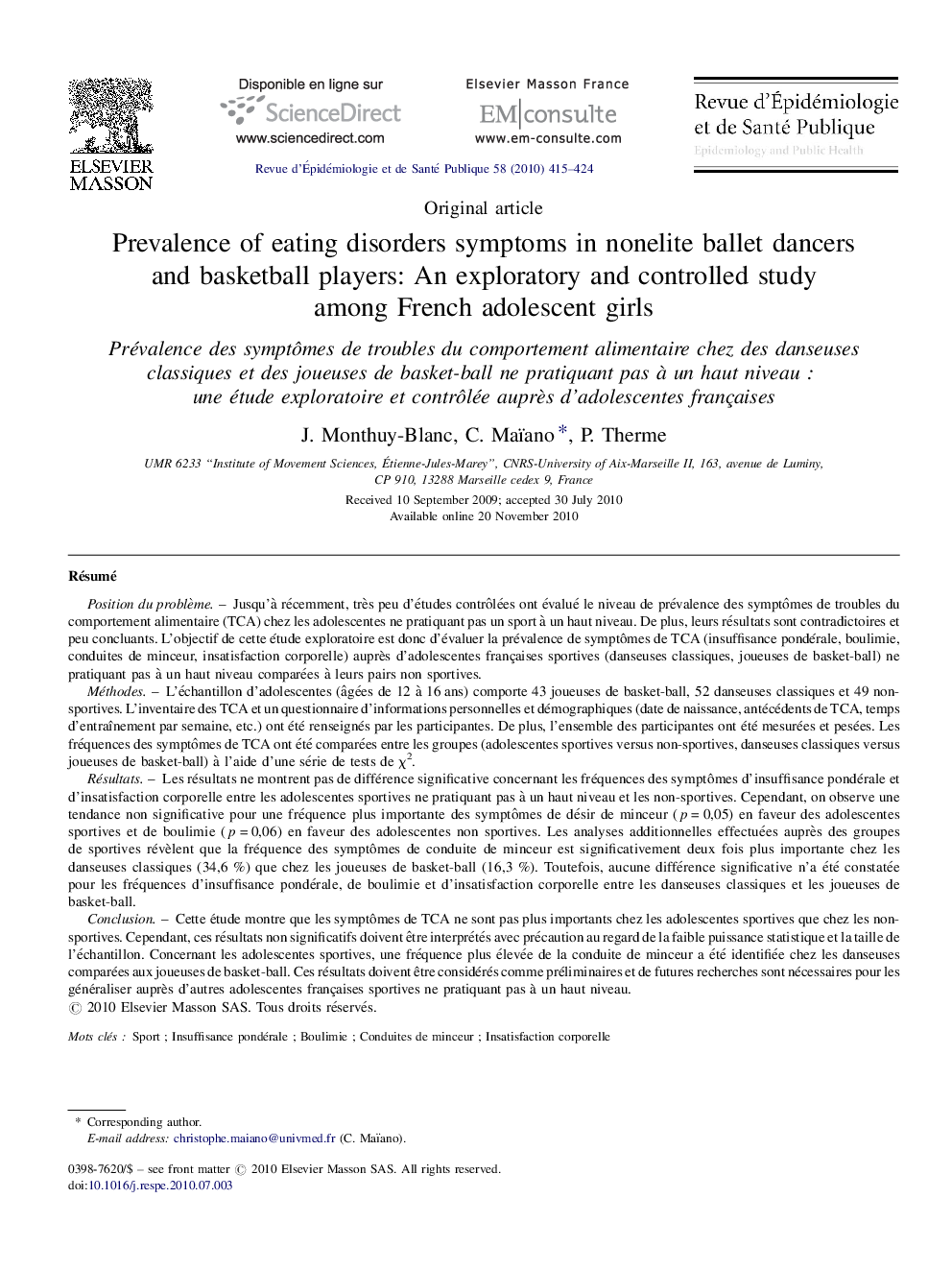 Prevalence of eating disorders symptoms in nonelite ballet dancers and basketball players: An exploratory and controlled study among French adolescent girls