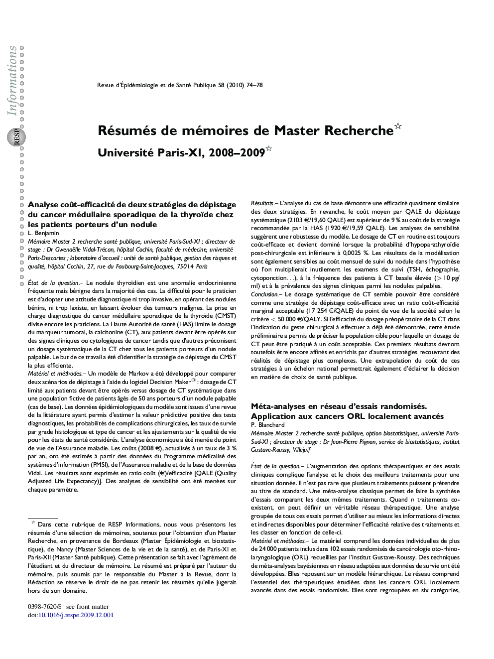 عکس صفحه اول مقاله: Résumés de mémoires de Master Recherche. Université Paris-XI, 2008-2009 Résumés de mémoires de Master Recherche. Université Paris-XI, 2008-2009