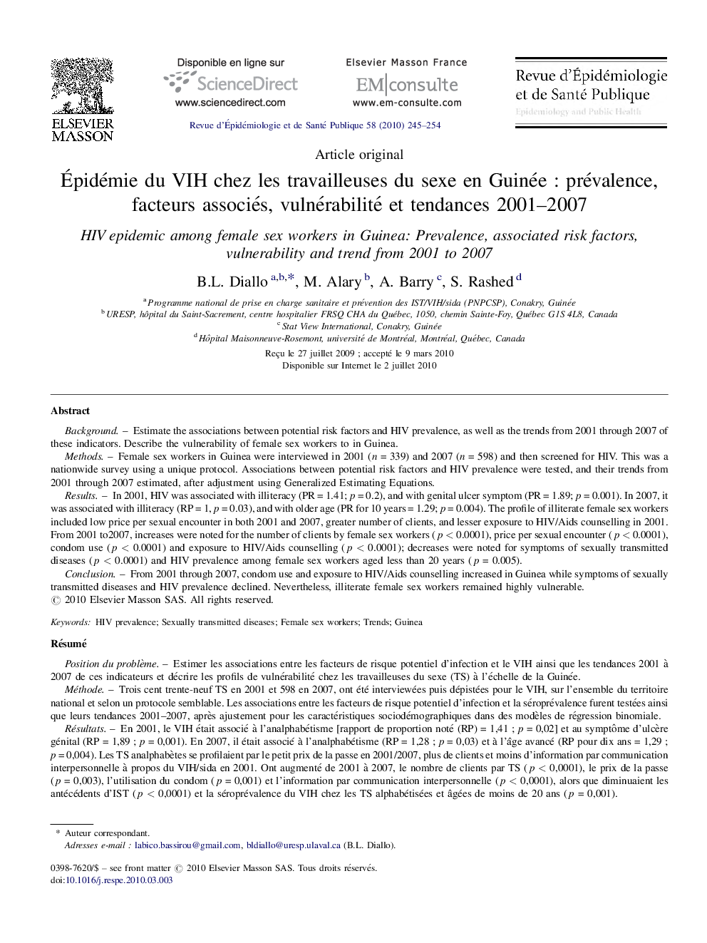 Ãpidémie du VIH chez les travailleuses du sexe en GuinéeÂ : prévalence, facteurs associés, vulnérabilité et tendances 2001-2007