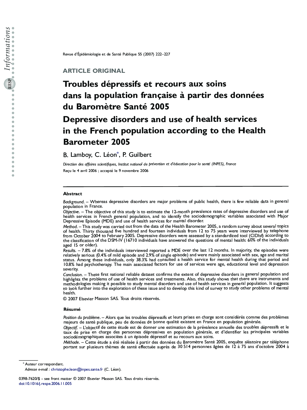 Troubles dépressifs etÂ recours auxÂ soins dansÂ laÂ population française Ã Â partir desÂ données duÂ BaromÃ¨tre Santé 2005