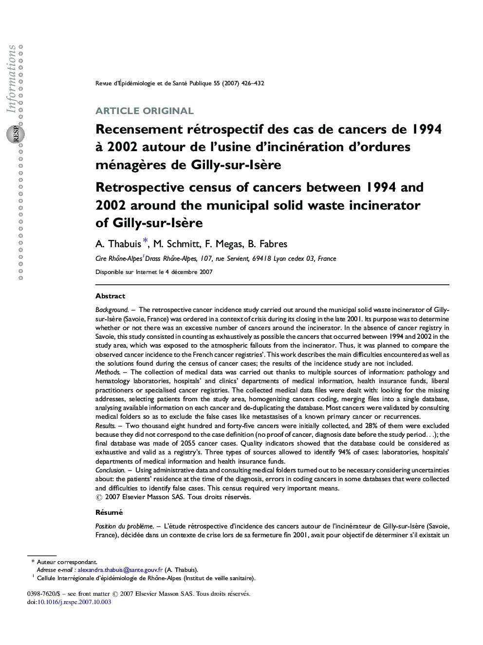 Recensement rétrospectif des cas de cancers de 1994 Ã  2002 autour de l'usine d'incinération d'ordures ménagÃ¨res de Gilly-sur-IsÃ¨re