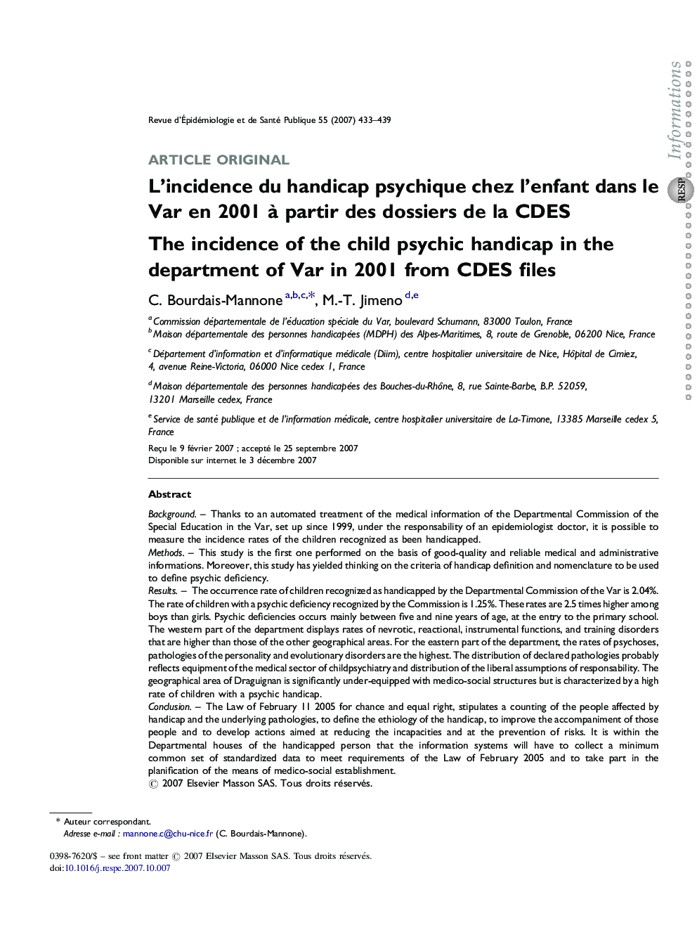 L'incidence du handicap psychique chez l'enfant dans le Var en 2001 Ã  partir des dossiers de la CDES