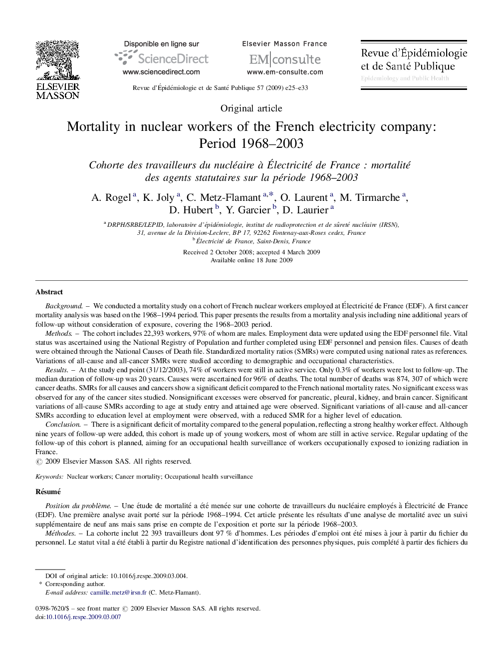 Mortality in nuclear workers of the French electricity company: Period 1968-2003