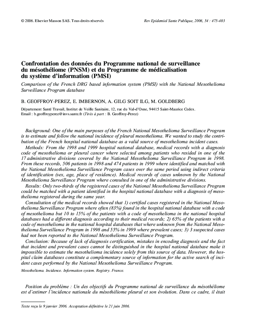 Confrontation des données du Programme national de surveillance du mésothéliome (PNSM) et du Programme de médicalisation du système d’information (PMSI): Comparison of the French DRG based information system (PMSI) with the National Mesothelioma Surveilla