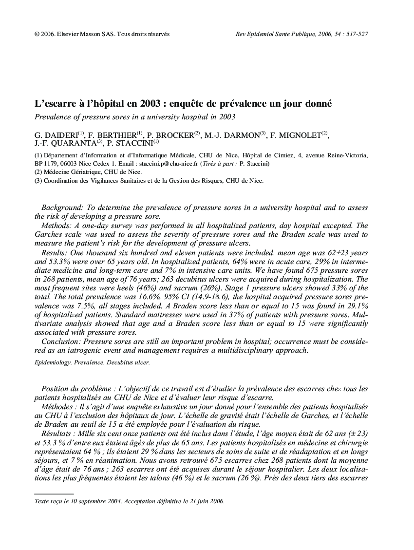 L'escarre Ã  l'hÃ´pital en 2003 : enquÃªte de prévalence un jour donnéPrevalence of pressure sores in a university hospital in 2003