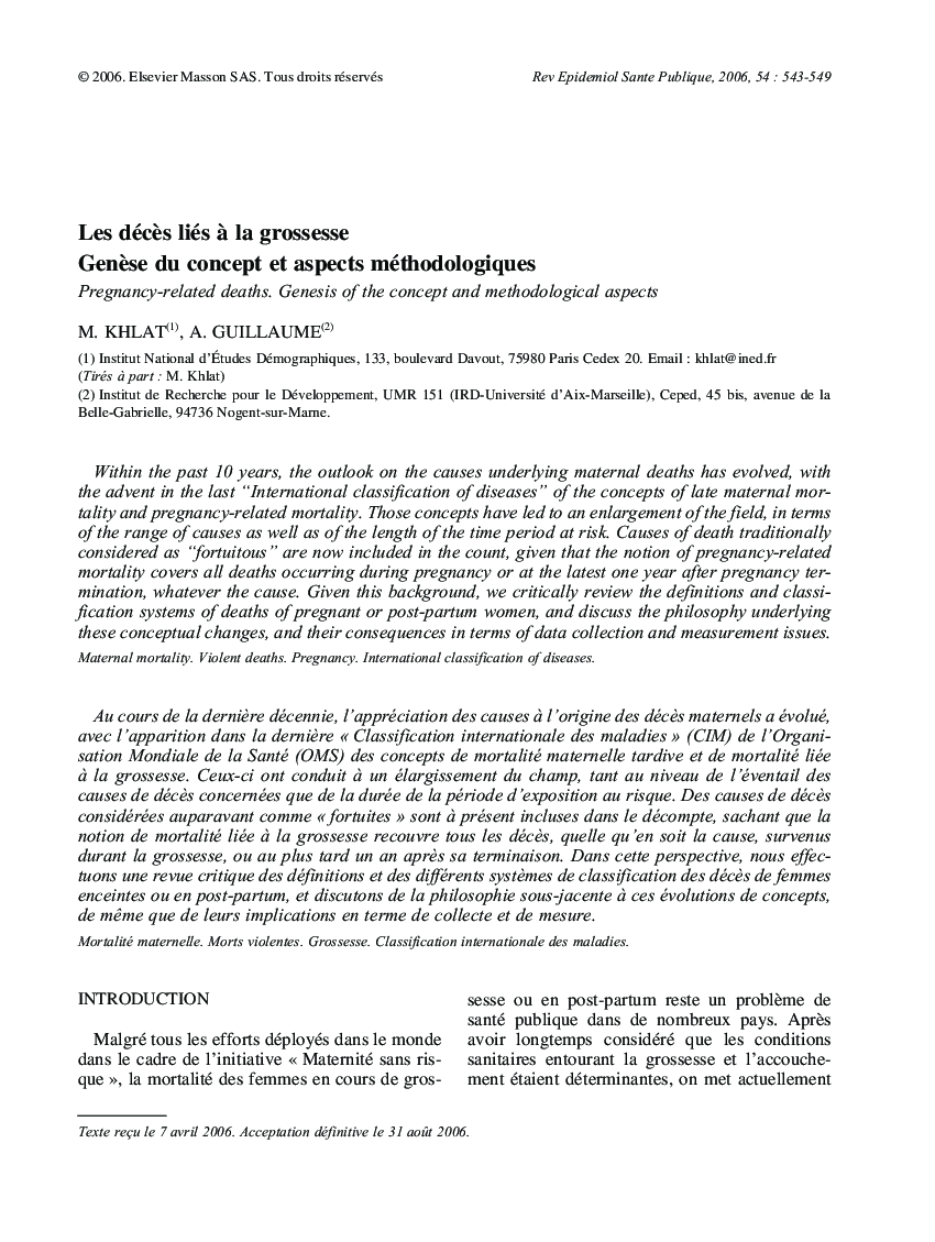 Les décès liés à la grossesse Genèse du concept et aspects méthodologiques