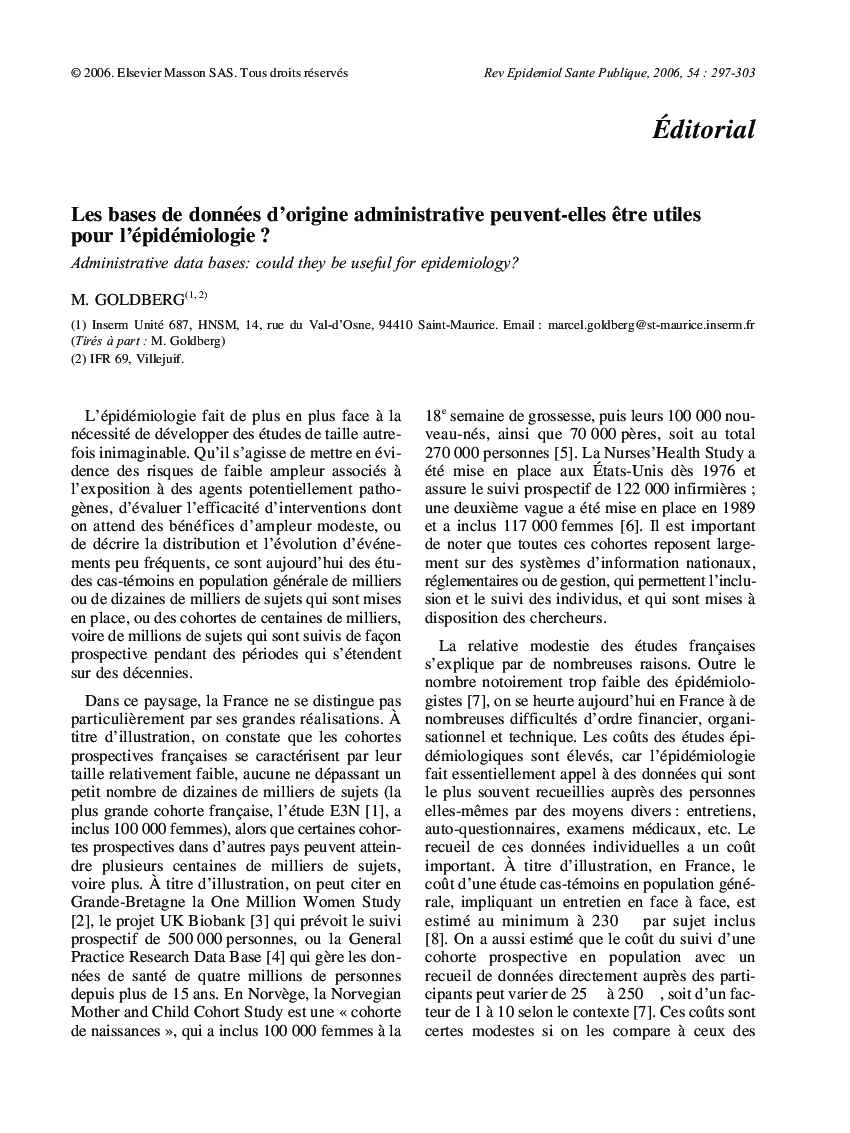 عکس صفحه اول مقاله: Les bases de données d'origine administrative peuvent-elles être utiles pour l'épidémiologie? Les bases de données d'origine administrative peuvent-elles être utiles pour l'épidémiologie?