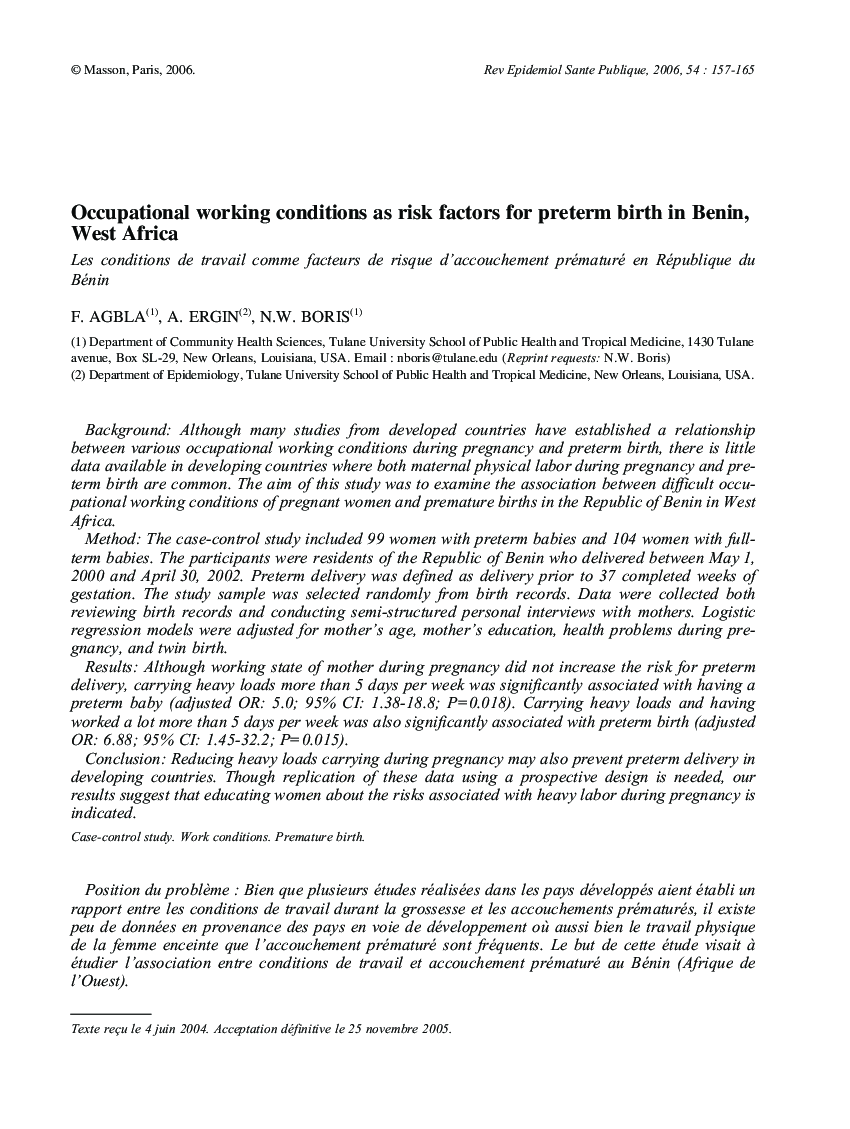 Occupational working conditions as risk factors for preterm birth in Benin, West Africa