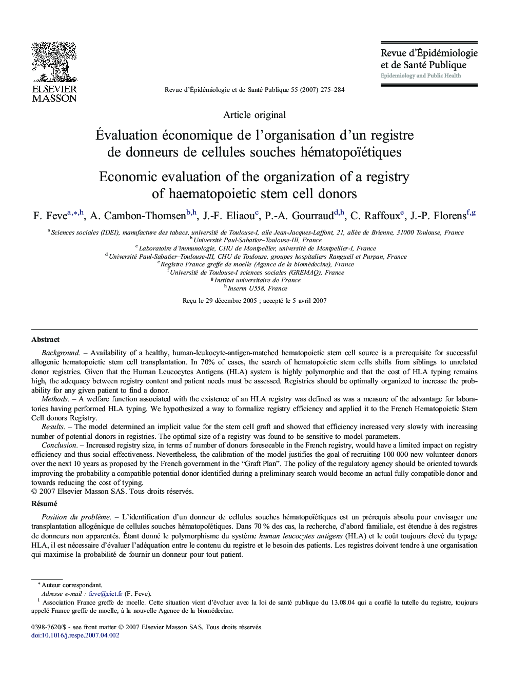 Ãvaluation économique deÂ l'organisation d'un registre deÂ donneurs deÂ cellules souches hématopoïétiques