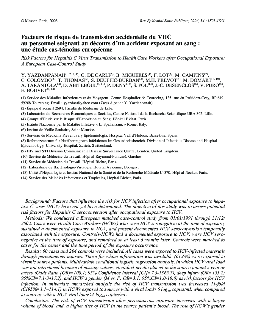 Facteurs de risque de transmission accidentelle du VHC au personnel soignant au décours d'un accident exposant au sang : une étude cas-témoins européenne