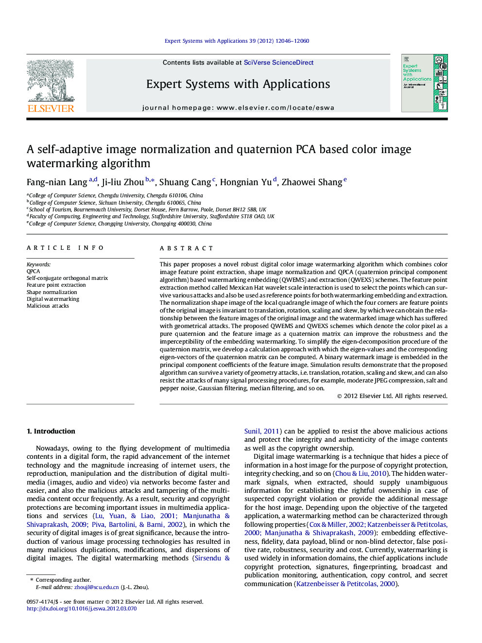 A self-adaptive image normalization and quaternion PCA based color image watermarking algorithm