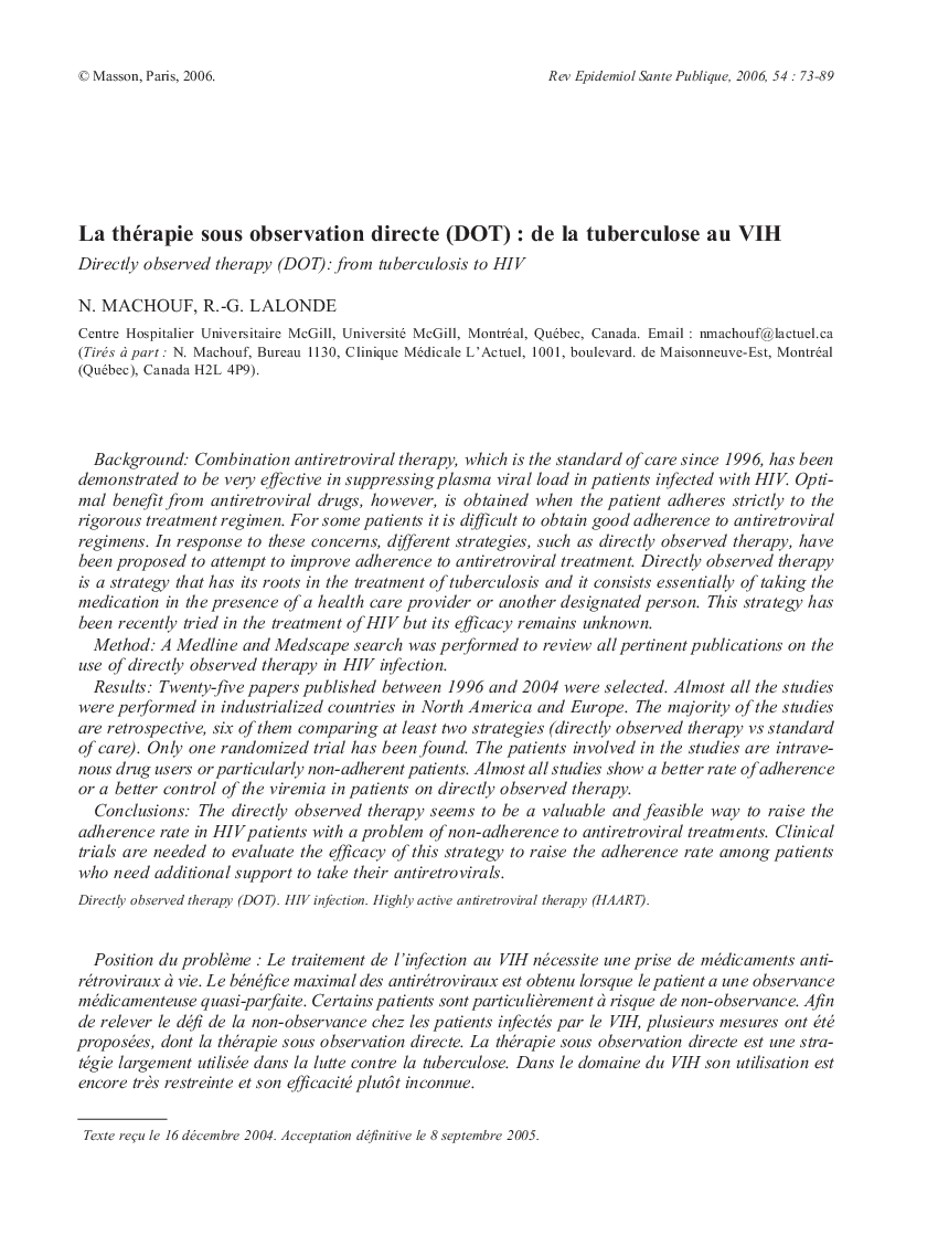 La thérapie sous observation directe (DOT): de la tuberculose au VIHDirectly observed therapy (DOT): from tuberculosis to HIV