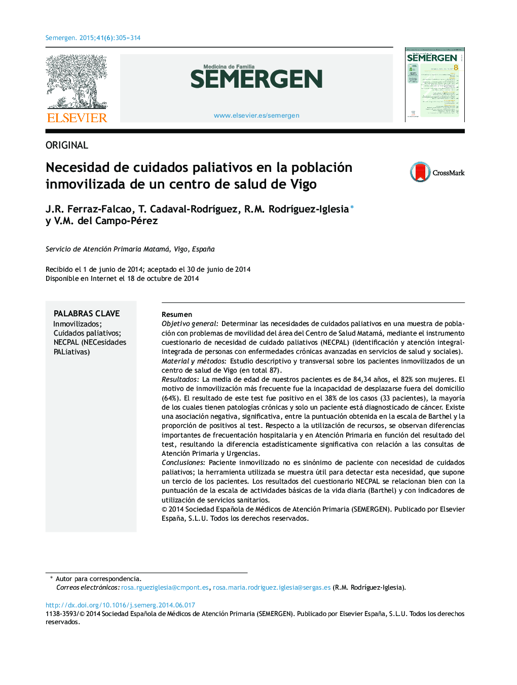 Necesidad de cuidados paliativos en la población inmovilizada de un centro de salud de Vigo